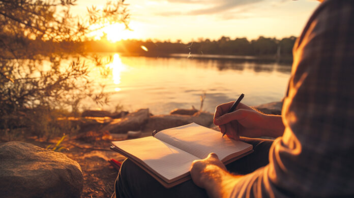 man reading book at sunset in nature